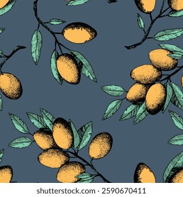 Seamless pattern with olive branch. Ink hand drawn olives background. Botanic plant vector illustration  for print, fabric, textile. A sprig of an olive tree with leaves. Food concept.