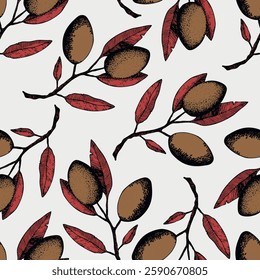 Seamless pattern with olive branch. Ink hand drawn olives background. Botanic plant vector illustration  for print, fabric, textile. A sprig of an olive tree with leaves. Food concept.