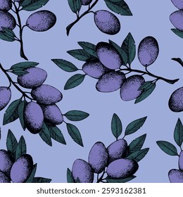 Seamless pattern with olive branch. Ink hand drawn olives background. Botanic plant vector illustration  for print, fabric, textile. A sprig of an olive tree with leaves. Food concept.