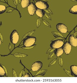 Seamless pattern with olive branch. Ink hand drawn olives background. Botanic plant vector illustration  for print, fabric, textile. A sprig of an olive tree with leaves. Food concept.