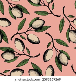 Seamless pattern with olive branch. Ink hand drawn olives background. Botanic plant vector illustration  for print, fabric, textile. A sprig of an olive tree with leaves. Food concept.