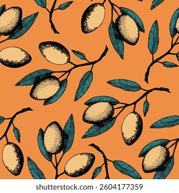 Seamless pattern with olive branch. Ink hand drawn olives background. Botanic plant vector illustration  for print, fabric, textile. A sprig of an olive tree with leaves. Food concept.