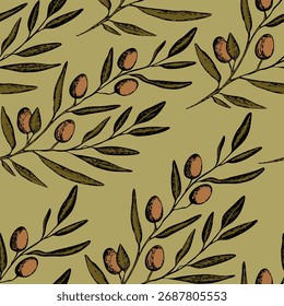 Padrão contínuo com ramo de oliveira. Fundo de azeitonas desenhadas à mão de tinta. Ilustração vetorial de planta botânica para impressão, tecido, têxtil. Um ramo de oliveira com folhas. Conceito alimentar.