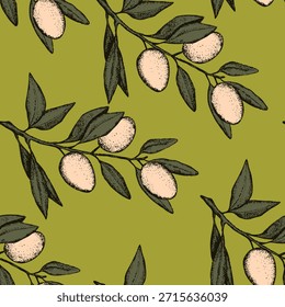 Patrón sin fisuras con rama de olivo. Fondo de aceitunas dibujado a mano de tinta. Ilustración vectorial de planta botánica para impresión, tela, textil. Una ramita de un olivo con hojas. Concepto de comida.