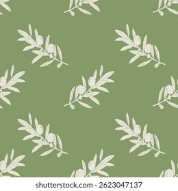 Seamless pattern with Olive branch. Linocut vector illustration with grunge texture. Monochrome linear woodcut illustration.	