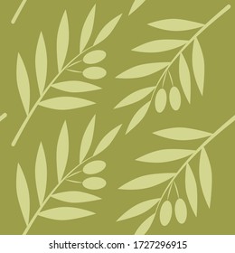 
Seamless pattern with olive branch and olives silhouette, nice olive green color. Design for fabric, packaging, printing, etc.