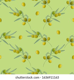 Seamless pattern. Olive branch on a green background.It can be used to create Wallpaper, packaging, and fabrics.