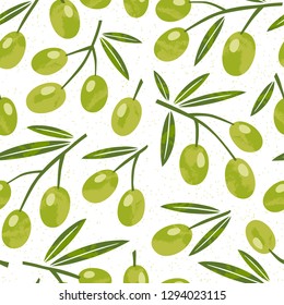 Seamless pattern with olive branch, stamp texture. Hand drawn vintage background. Vector illustration for design and print.