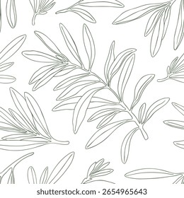 Seamless pattern olive branch vector drawing. Hand drawn floral illustration olives tree branches leaves background green. Drawings foliage. Fabric, wrapping, decor, wedding stationary gift menu
