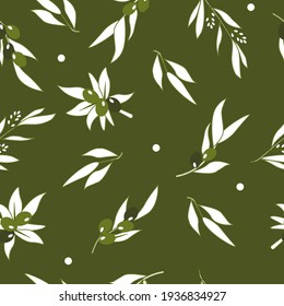 Seamless pattern of olive branches with berries and leaves, flowers on a green background. Vector graphics.