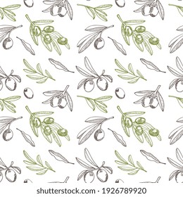 Seamless pattern with  olive branches and fruits for Italian cuisine design, extra virgin oil food, cosmetic product packaging wrapper.