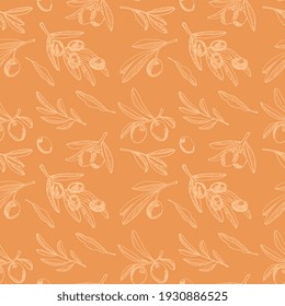 Seamless pattern with  olive branches and fruits for Italian cuisine design, extra virgin oil food, cosmetic product packaging wrapper.