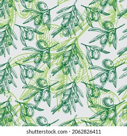 Seamless pattern with olive branches and fruits for Italian cuisine design, extra virgin oil food, cosmetic product packaging wrapper.