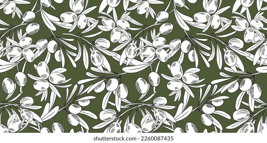 Seamless pattern with olive branches and fruits for Italian cuisine design, extra virgin oil food, cosmetic product packaging wrapper.