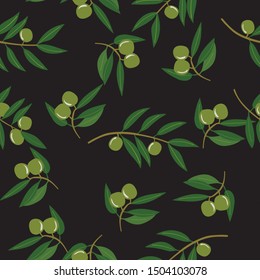 Seamless pattern of olive branches and green olives on a black background. Vector illustration.