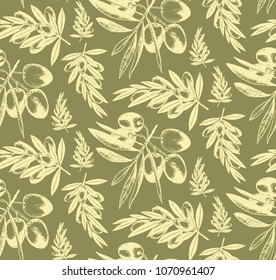 Seamless pattern of olive branches. Hand drawn vector illustration.