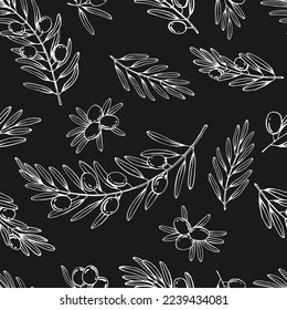 Seamless pattern with olive branches. Hand drawn illustration.