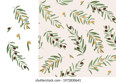 Seamless pattern with olive branches. Isolated black and green fruit and leaves of the olive tree. Vintage vector illustration on beige retro color, twigs set. 