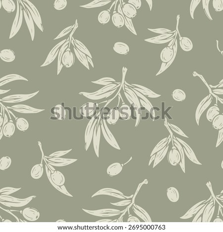Seamless pattern with olive branches in khaki color, green leaves and berries, vector illustration