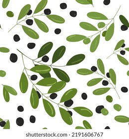 Seamless pattern with olive branches with leaves and green and black olives Vector illustration in flat hand drawn style isolated on white background for wrapping paper, textile, fabric
