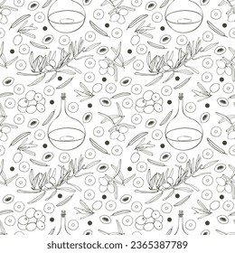 Seamless pattern of olive branches, leaves, glass bottle for oil, olives. Vector composition. Design for fabric, paper, textiles. Wallpaper.