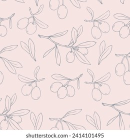 Seamless pattern with olive branches, leaves and berries.Vector graphics.