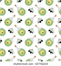 Seamless pattern with olive branches and oil bottle