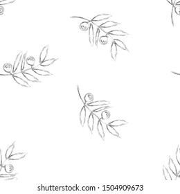 Seamless pattern from olive branches and olives on a white background. Vector illustration.