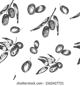 Seamless pattern olive branches with olives, sketch element. Monochrome drawing by hand. Suitable for background design, food packaging, cosmetic products, decoupage. White background. 