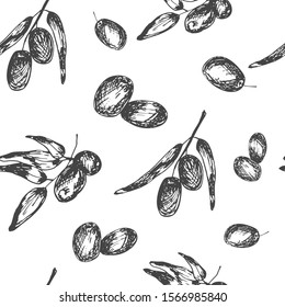 Seamless pattern olive branches with olives, sketch element. Monochrome drawing by hand. Suitable for background design, food packaging, cosmetic products, decoupage. White background. Vector 