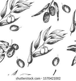 Seamless pattern olive branches with olives, sketch element. Monochrome drawing by hand. Suitable for background design, food packaging, cosmetic products, decoupage. White background. Vector