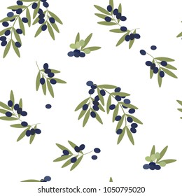 Seamless pattern with olive branches on a white background. For decoration of textiles, packaging, design of natural cosmetics and products. Vector illustration.
