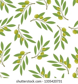 Seamless pattern with olive branches on white background. Vector illustration