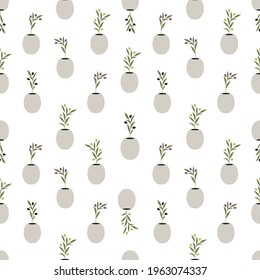 Seamless pattern of olive branches in pots isolated on white background