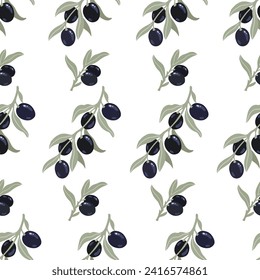 Seamless pattern with olive branches with ripe berries and leaves.Vector graphics.