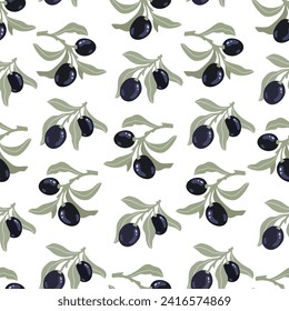 Seamless pattern with olive branches with ripe berries and leaves.Vector graphics.