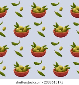 Seamless Pattern with Olive Fruits with Wooden Bowl. Texture Background for Textile Design, Wallpaper, Packaging, Paper. Vector Illustration in Cartoon Style.