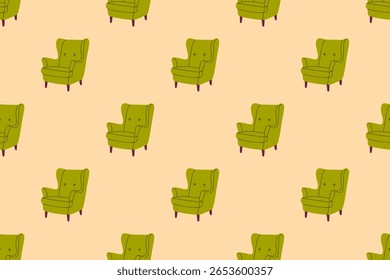 Seamless pattern with olive green armchairs on beige background for furniture and interior design themes