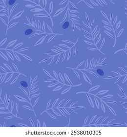 Seamless pattern with olive leaves drawn in flat style. Hand drawn vector illustration.