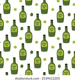 Seamless pattern with olive oil bottle and olives in different shades of green.