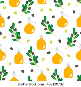 Seamless pattern with olive oil bottle and olive branch. Perfect for wallpaper, pattern fills, web page background, textile, food background, restaurant menu. Vector illustration