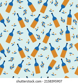 Seamless pattern of olive oil bottles. Vector illustration in Greek style.