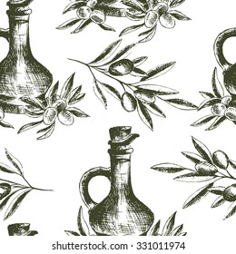 Seamless pattern with olive oil and olive branches. Hand drawn sketch. Vector illustration