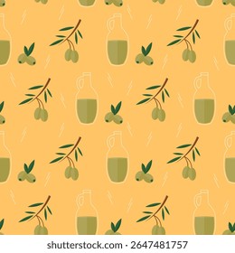 seamless pattern olive oil food kitchen Italy yellow green background vector wallpaper textile giftwrap fabric