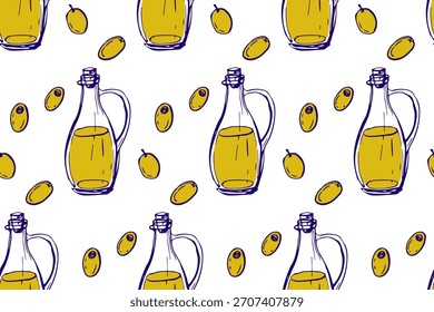 Seamless pattern with Olive Oil and Fruits. Fresh olive berries branch and oil bottle. Ingredients for cooking, cosmetics. Hand drawn doodle sketch for Mediterranean diet wallpaper, wrapping paper