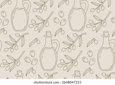 Seamless pattern with olive oil, olives and olive branches. Hand drawn mediterranean background in doodle style