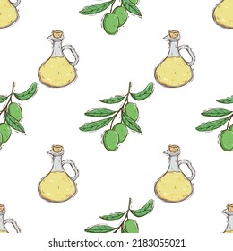 seamless pattern of olive oil and tree with oil jar. colored hand drawing olive fruit