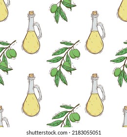 seamless pattern of olive oil and tree with oil jar. colored hand drawing olive fruit