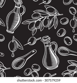  Seamless pattern  of olive oil.   White line on the black . Vector illustration.