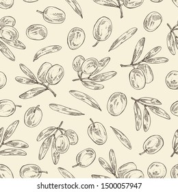 Seamless pattern with olive: olives and olive branch. Vector hand drawn illustration.